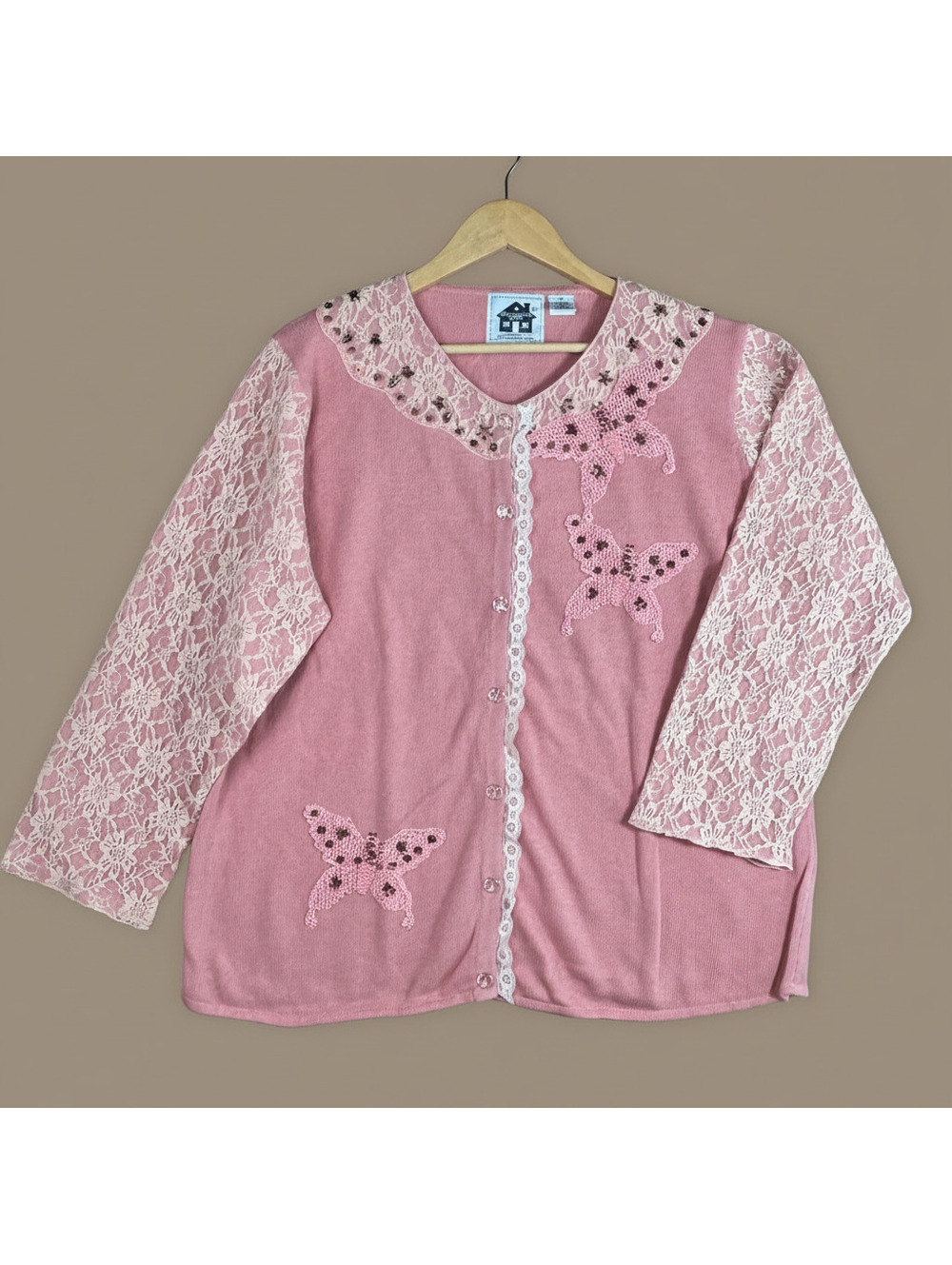 Storybook Knits Pink Butterfly Floral Lace Beaded Button Front Cardigan Sweater